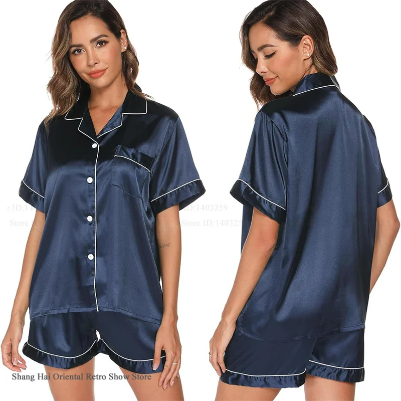 Loose Satin Female Pajamas Set Short Sleeve Sleepwear Spring Summer New Nightwear Pijamas Suit Loose Casual Loungewear Pyjama