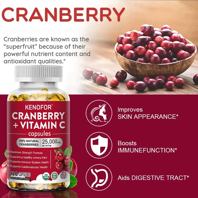 Cranberry Extract Concentrate + Vitamin C - 25,000 Mg, 120 Capsules, Triple Strength Formula, Non-GMO and Gluten-Free Supplement