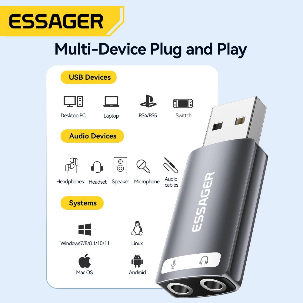 Essager-ラップトップ用の外部USBサウンドカード,3.5mmジャック,ステレオヘッドフォン,オーディオマイク,アダプター