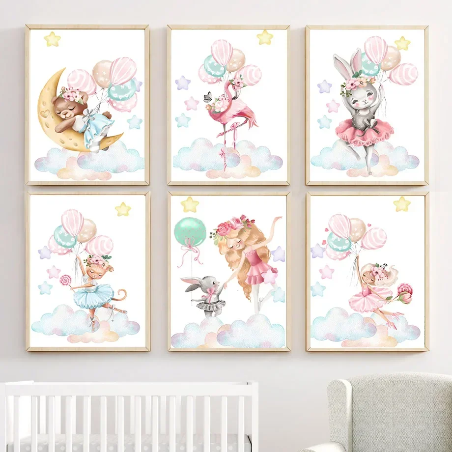 Girl Rabbit Bear Unicorn Flamingo Balloon Cloud Wall Art Nordic Canvas Painting  and Prints Wall Pictures Kids Room Decor