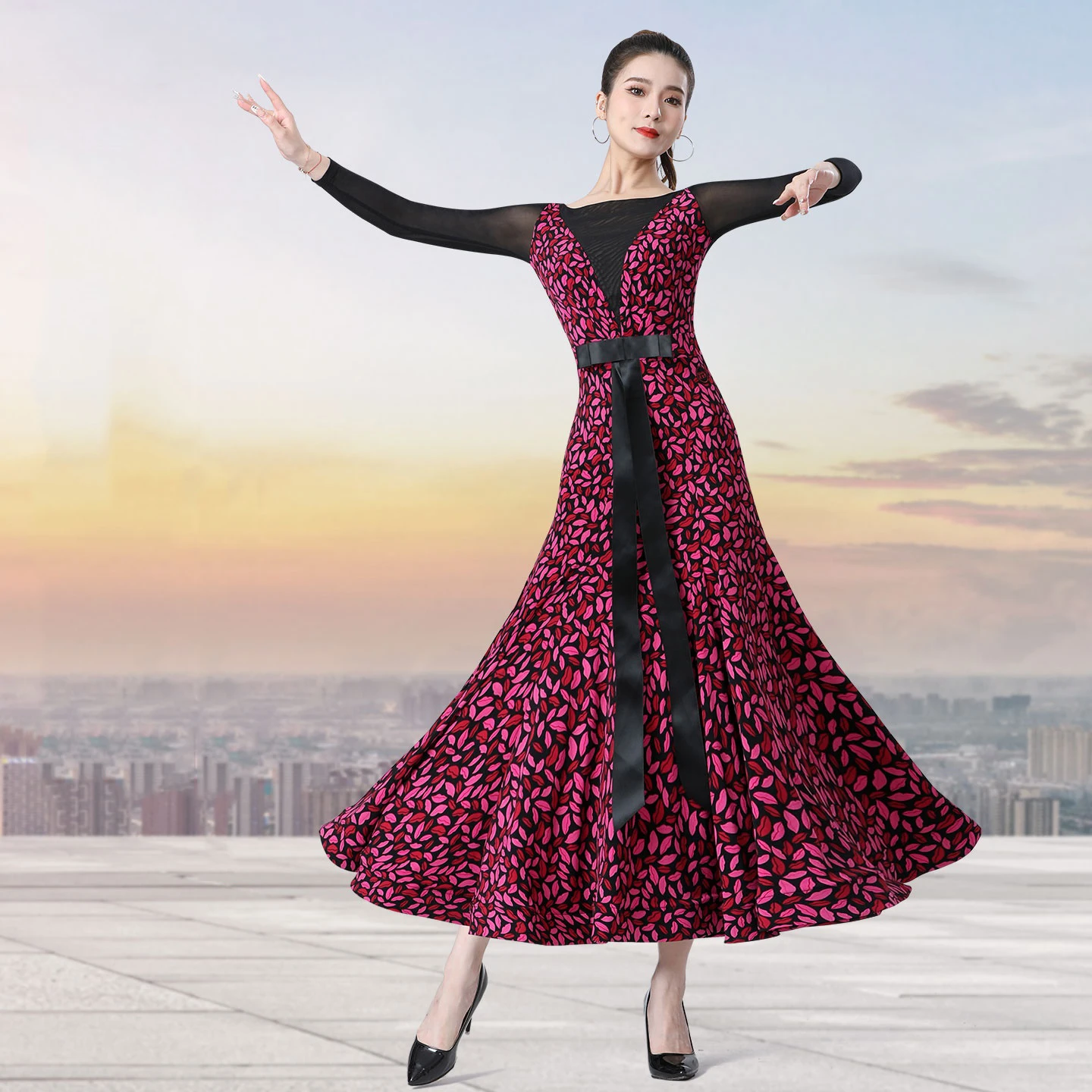 2025 New Ballroom Dance Costumes Competition Dress Modern Dance Women Print Mesh Dress National Standard Dance Clothes DN20995