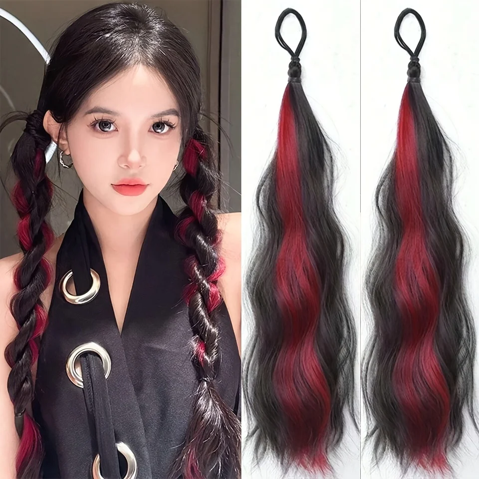 2PCS Natural wave synthetic pair of curly ponytail wig women's ponytail extension extension red blue green highlighting wig
