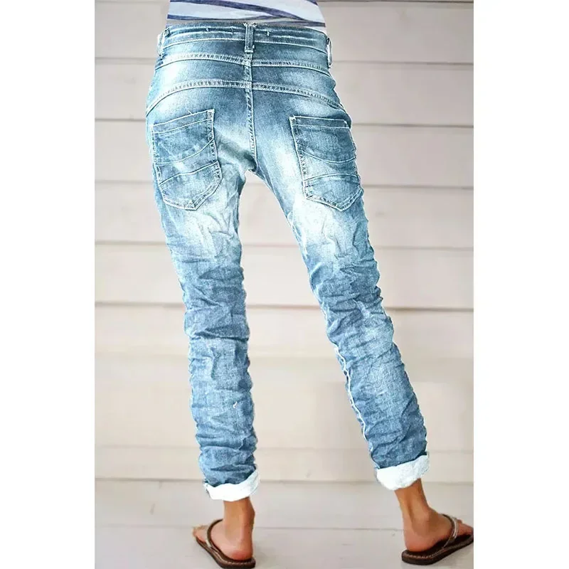 Women Jeans Pencil Pants Ankle Length Distressed Denim Zipper Fly Skinny Pockets Washing High Street 2024 Draw String Holes