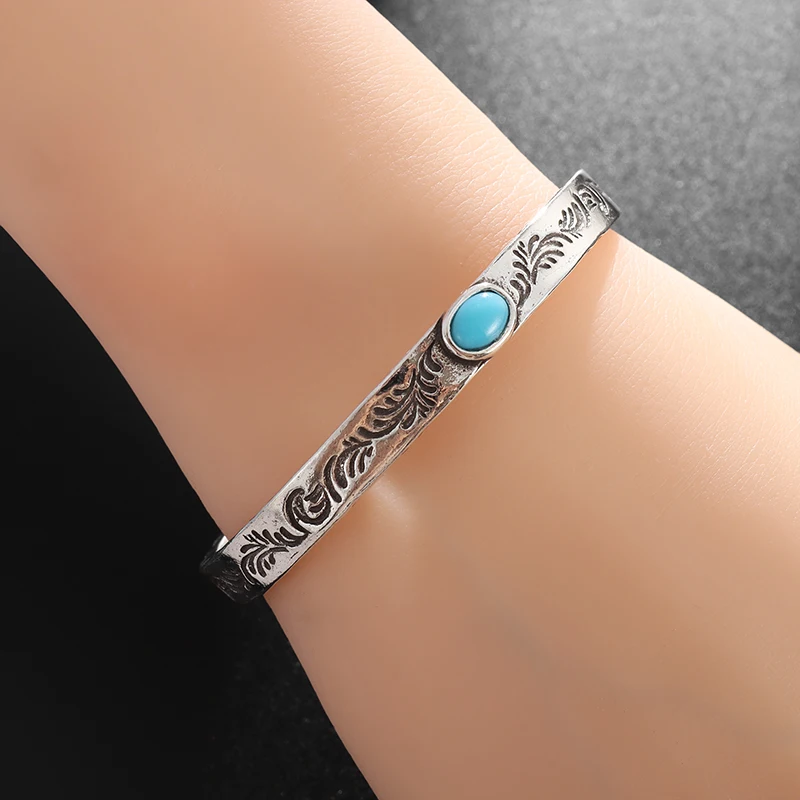 Vintage Silver Color Open Bracelet Blue Crack Stone Ladies Trend Feature Jewelry Gift