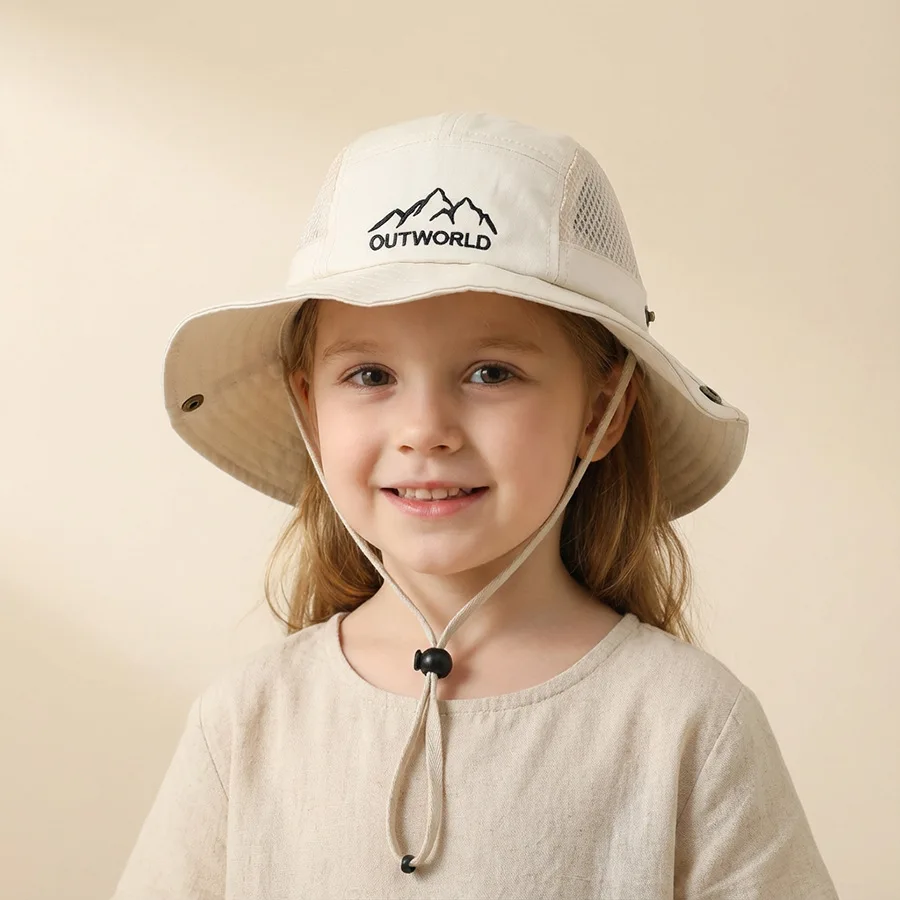 3-10Y Kids' Hiking Hat, Camping Style, Casual Small Mountain Embroidered Mesh Bucket Hat, Outdoor Sun Protection Hat
