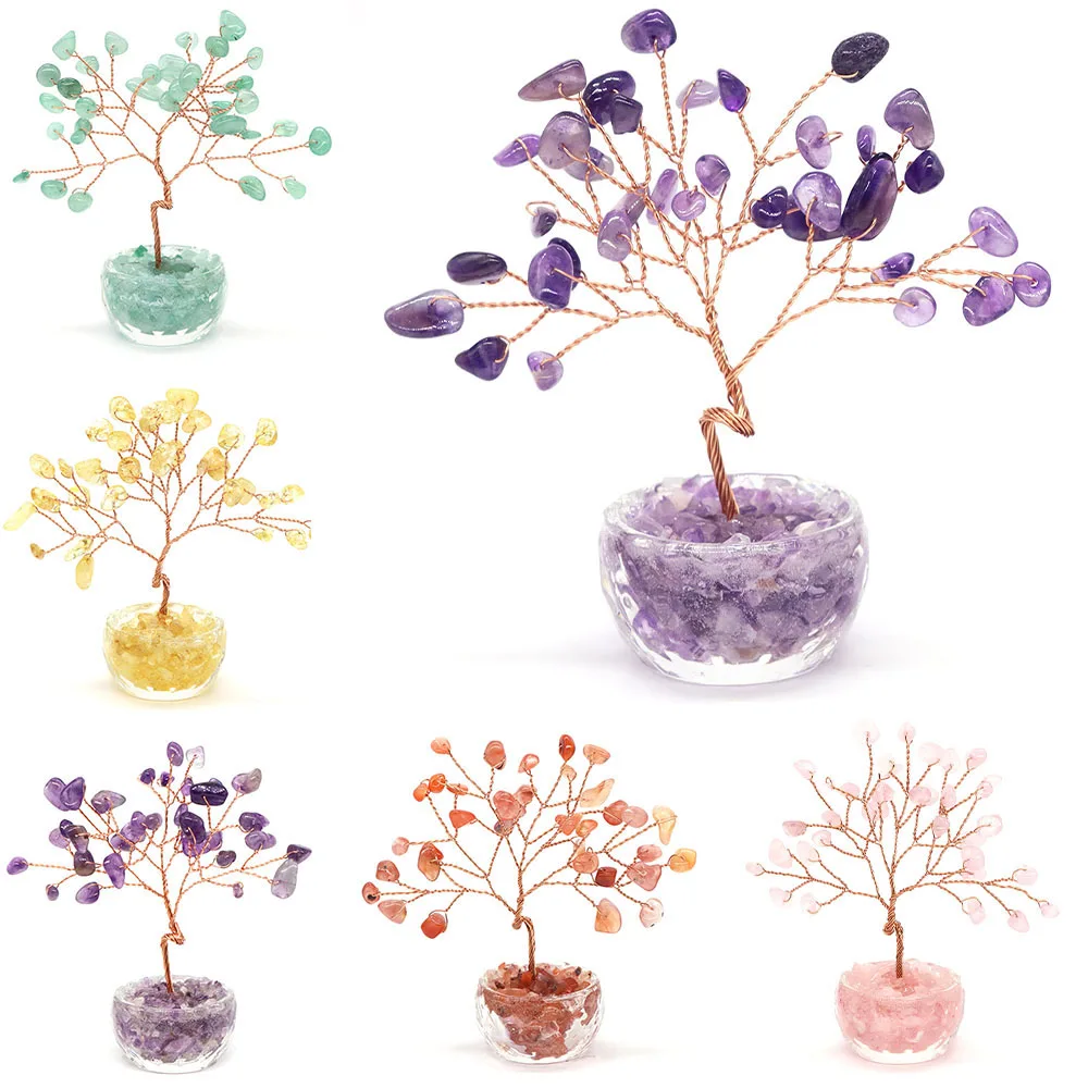 Crystal Money Tree Natural Stone Amethyst Rose Quartz Copper Wire Wrapped Gemstone Chakra Feng Shui Lucky Trees Home Decor Gifts