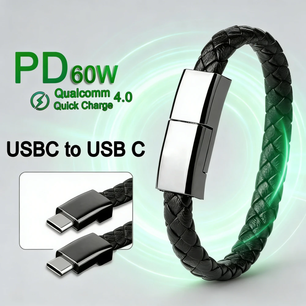 60W Type C Bracelet Cable PD Fast Charging Data Sync Data Cord For iPhone 16 15 Samsung Xiaomi USB C to USB C Quick Charge Cable