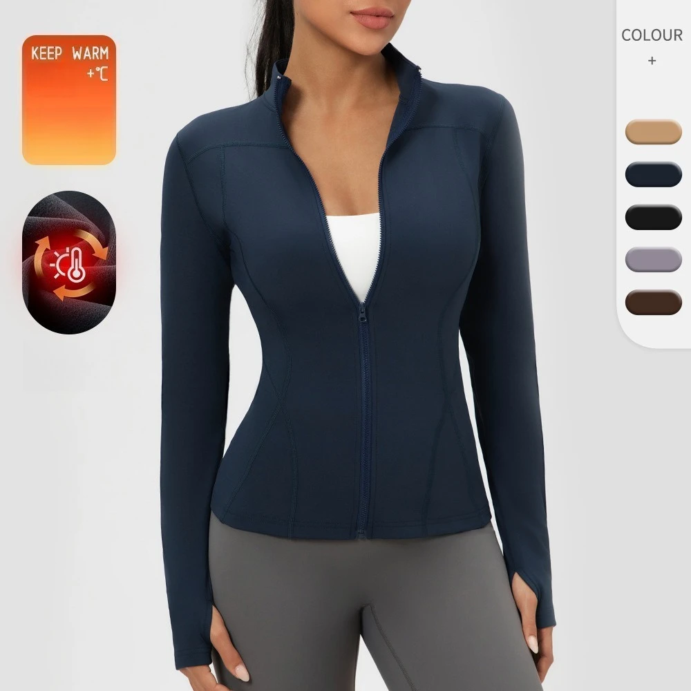 Autumn and winter velvet yoga jacket for women, tight waist and thin sports running top, warm fitness training jacket