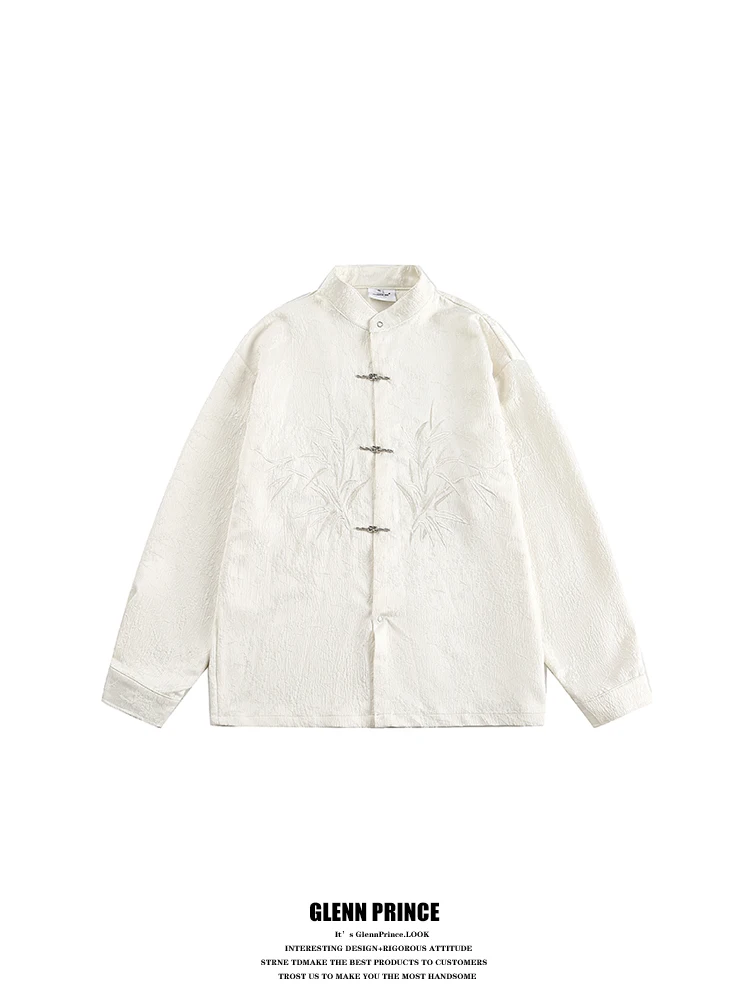

New Chinese Style National Trend Bamboo Embroidery Airplane Button Men's Long Sleeve Shirt Zhongshan Suit Casual Shirt