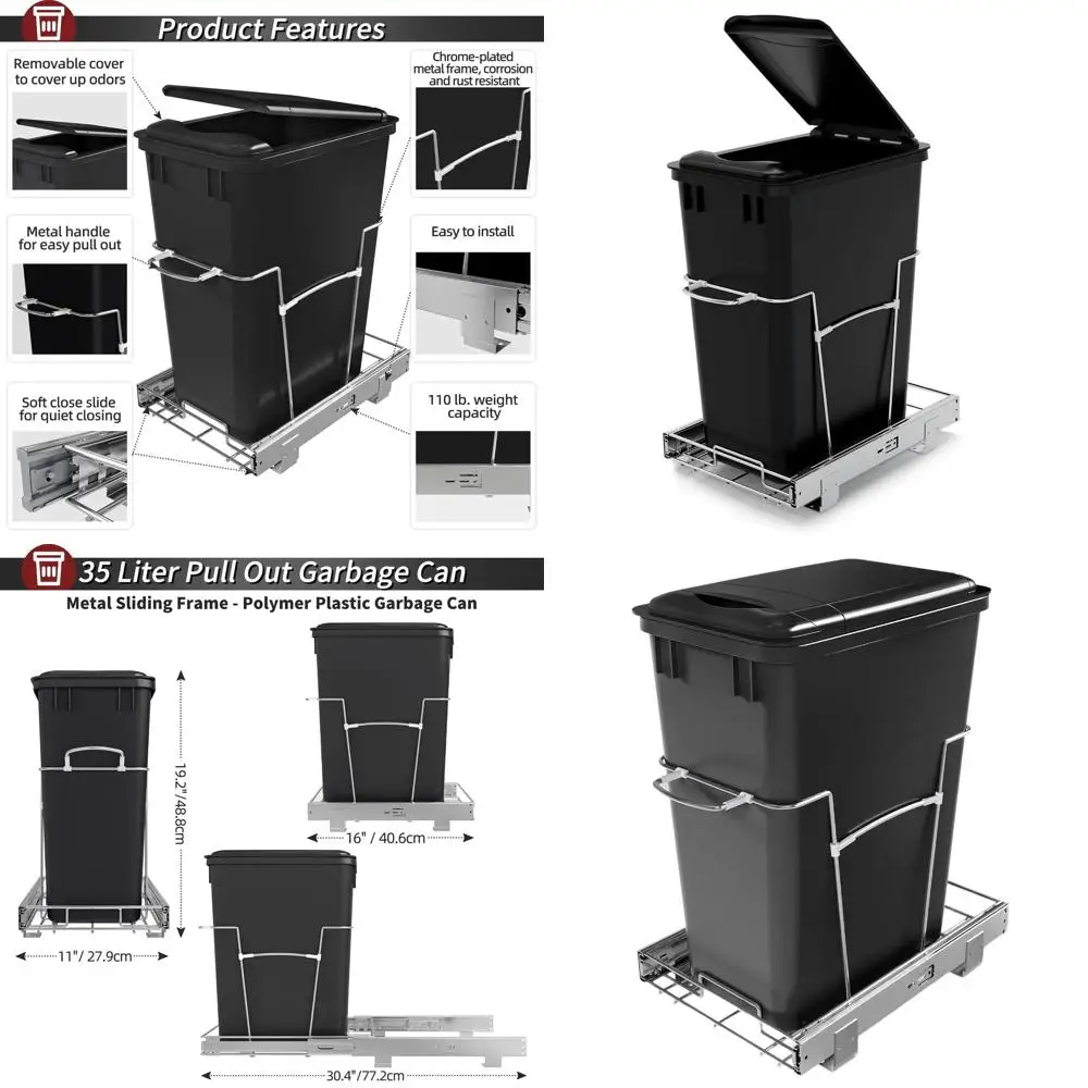 

35-Quart Soft-Close Under-Sink Trash Bin with Full Extension Slides, Black