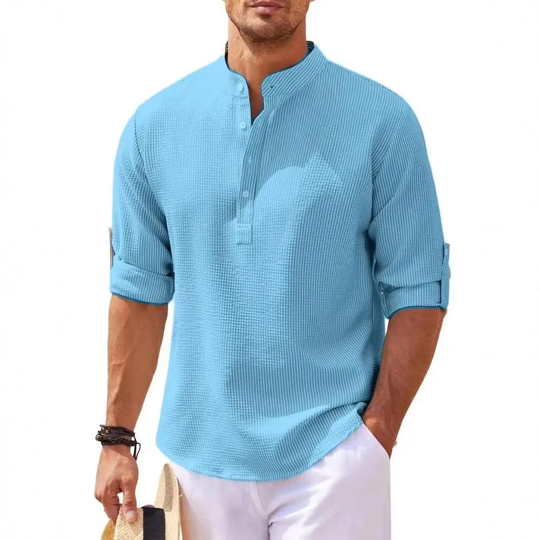 

Men's Long Sve Stand Collar irt f Open Button Floral Embroidery Resistant to Deformation Summer Casual Busin Wear