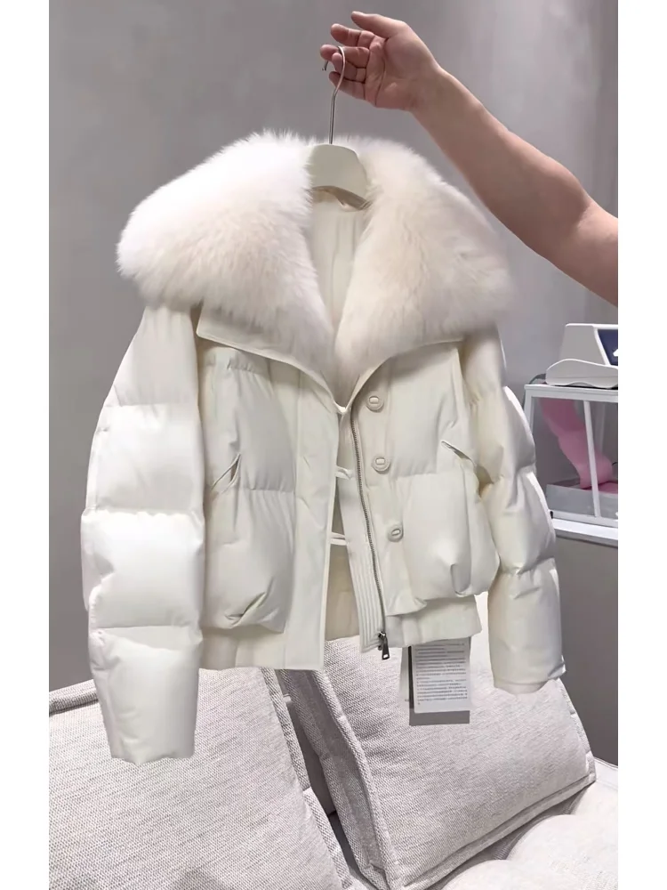 

Ultra- Thickened White Cotton Puffer Jacket Super Cute Large Collar Fluffy Bread Style Women's Winter Outerwear