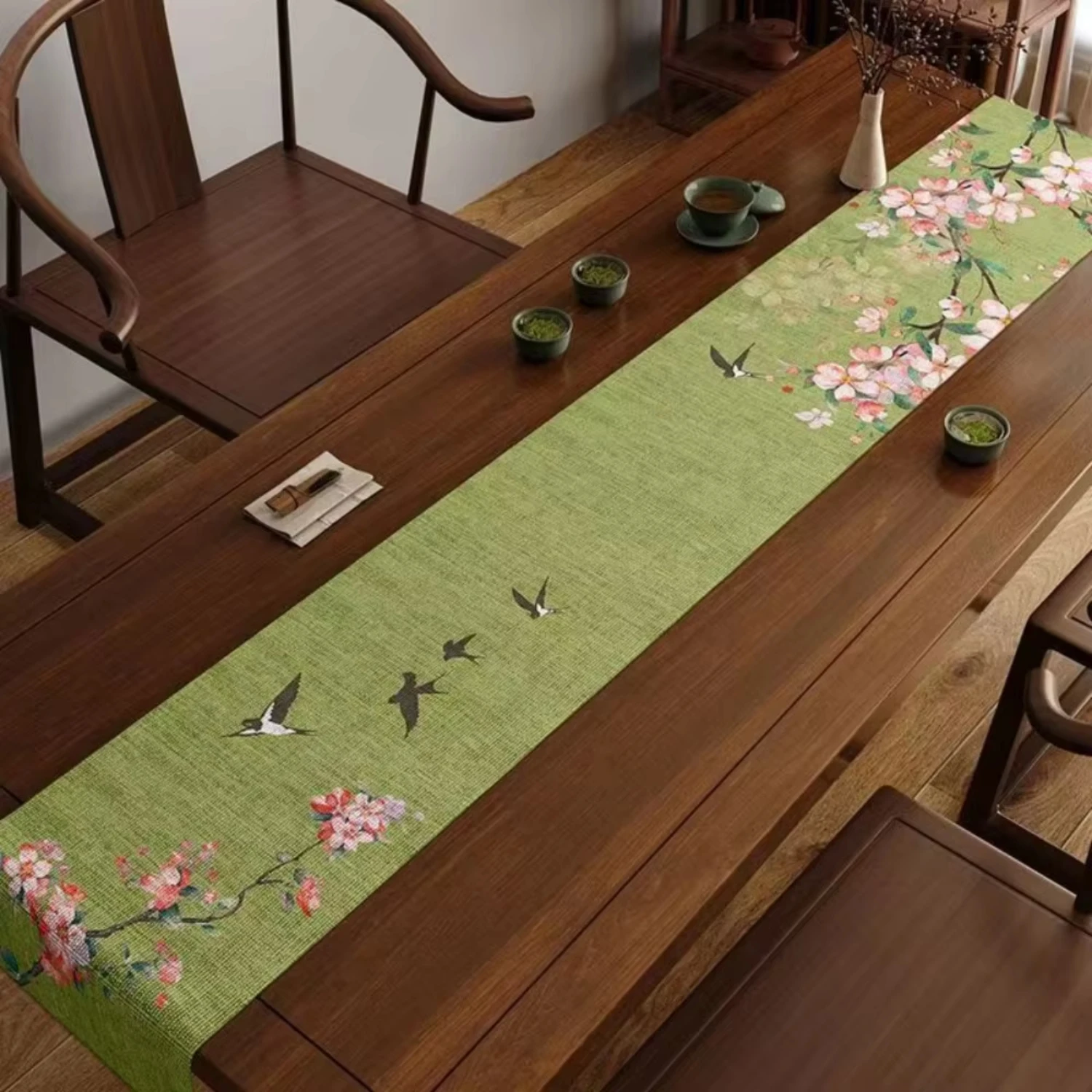 Floral Swallow Bird Print Table Runner Oriental Classical Aesthetic For Tea Ceremony Study Room Stylish Household Tabletop Decor
