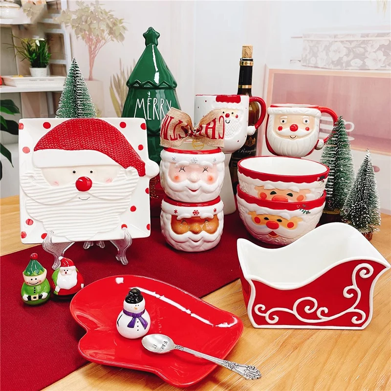 Relief Plate Festive Tableware Furniture & Decoration Tissue holder Noodle Bowl Children Gift Cute Christmas Santa Set Rice Bowl