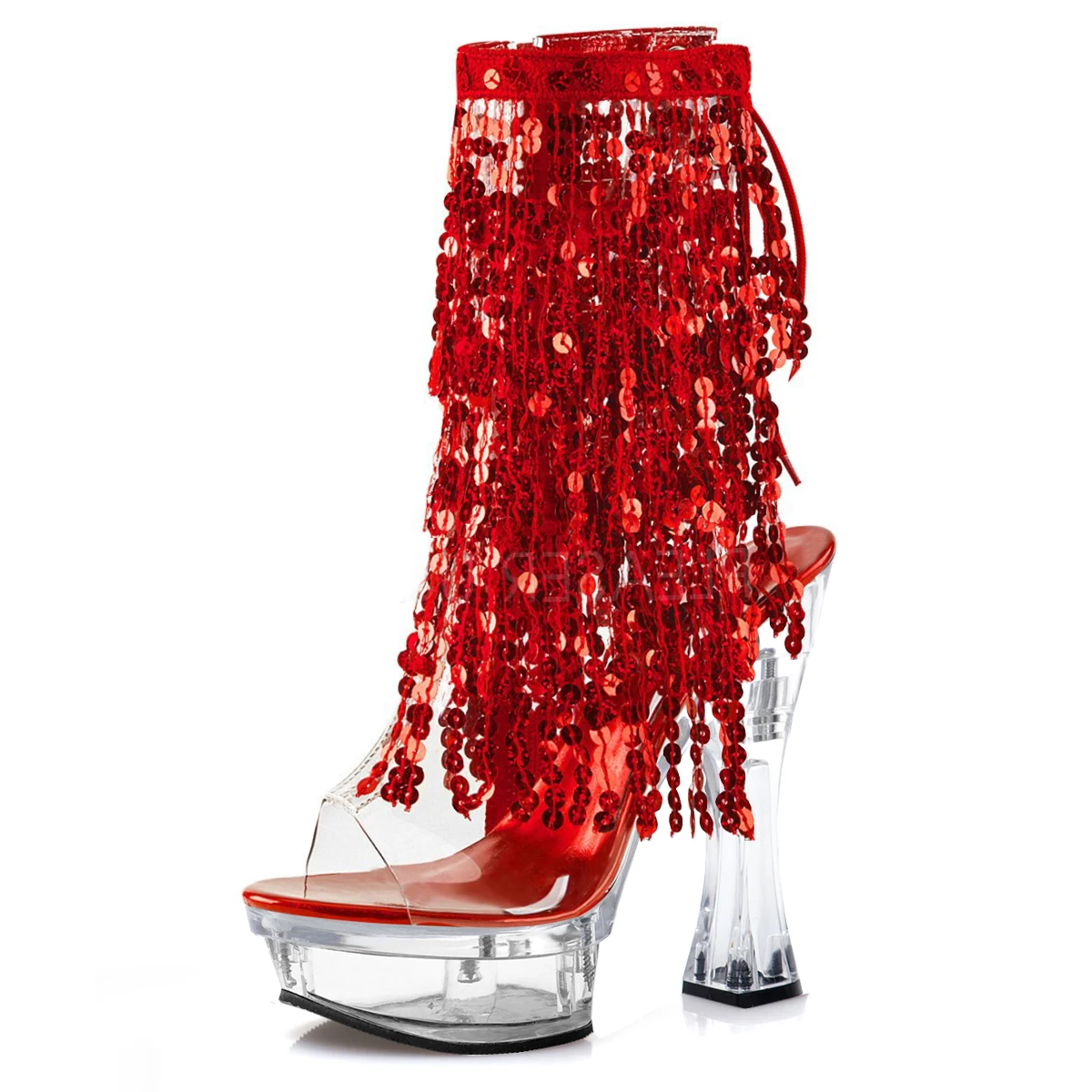 Red Glitter Bling Sequin Fringe Ankle Boot 6Inch Nightclub Stage Show Stripper Exotic Dancer Sexy Fetish 8Inch 13cm Pole Dance