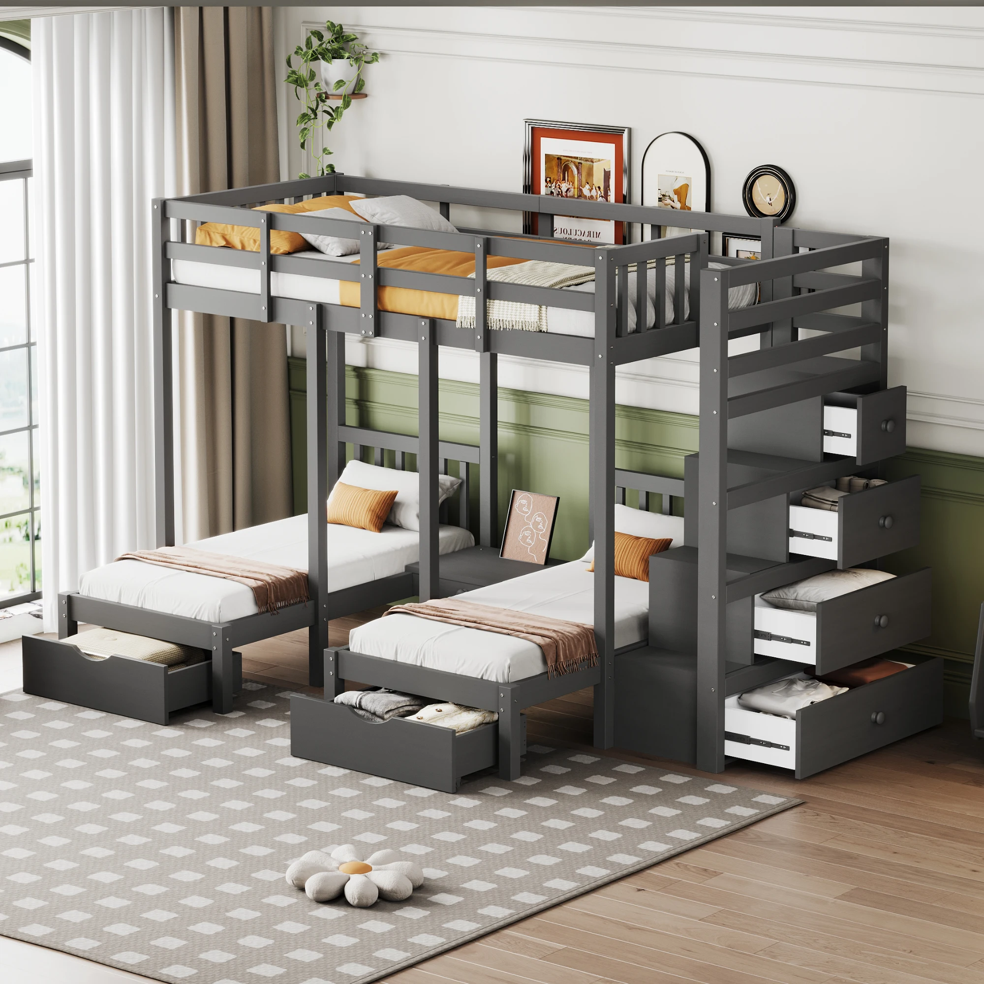 Children's bed in solid wood 90x200 cm, bunk bed with storage drawers, safety ladder, bedside table, Gray