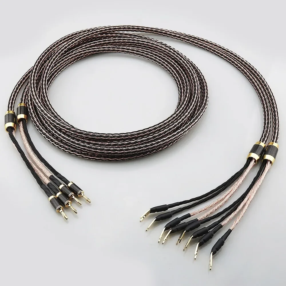 7N OCC Audio 2-zu-4-Lautsprecherkabel mit Kohlefaser-Ummantelung, Anti-Rausch-Bananenstecker auf Y-Spade-Stecker für Heimkino-Audiophilesysteme – Detail 1