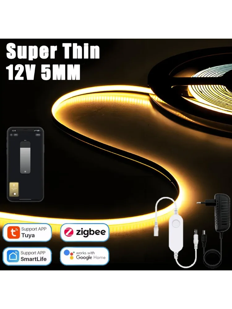 Zigbee 3.0 DC12V COB LED-Streifenlicht Superdünn 5MM Dimmbares Band Hochdichte Flexible COB LED-Lichtleiste für Smartthings