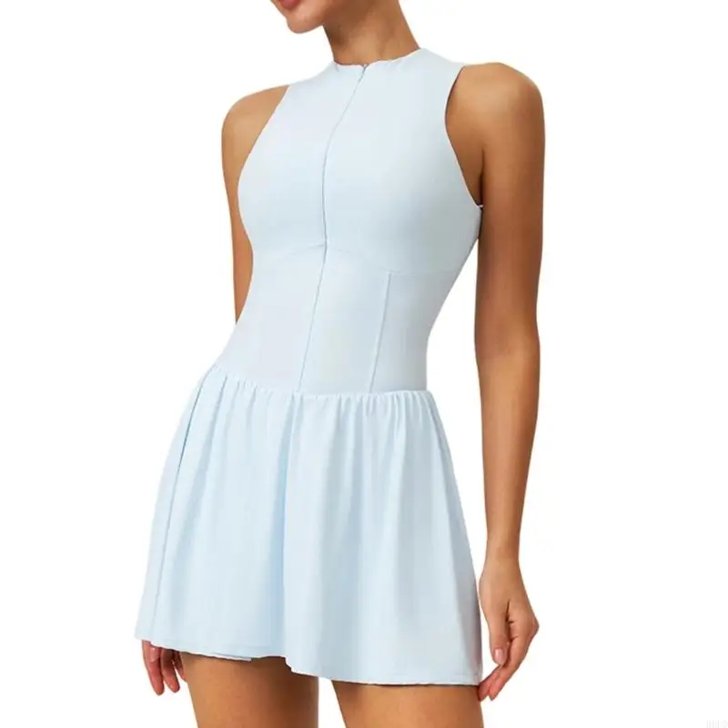 Dehnbares Trainingskleid für Damen. Sportliches A-Linien-Kleid mit Innenshorts und Taschen für Tennis, Fitness, Pilates, Laufen. – Detail 2