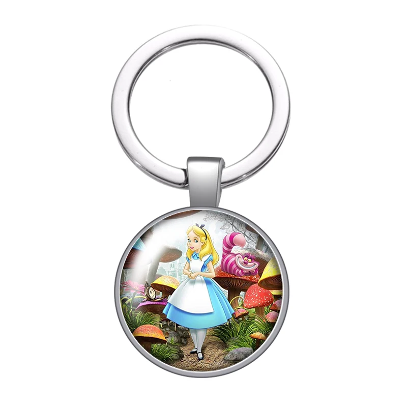 Disney Alice\'s Adventures in Wonderland glass cabochon keychain Bag Car key chain Ring Holder Charms keychains gift