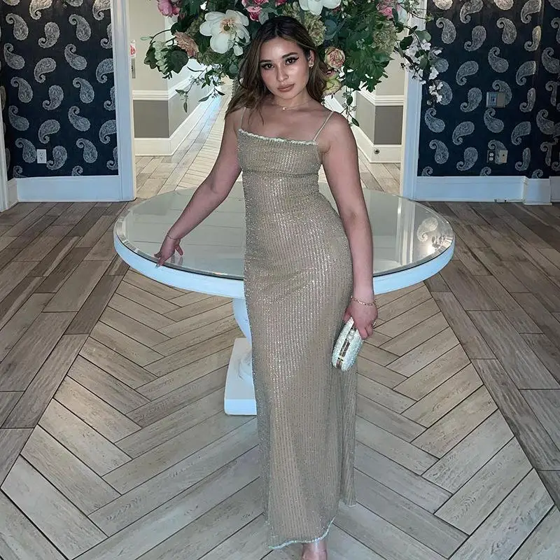 Femmes élégantes paillettes paillettes bretelles Spaghetti robes Maxi soirée fendue sans manches robe longue Costume mince tenues maigres
