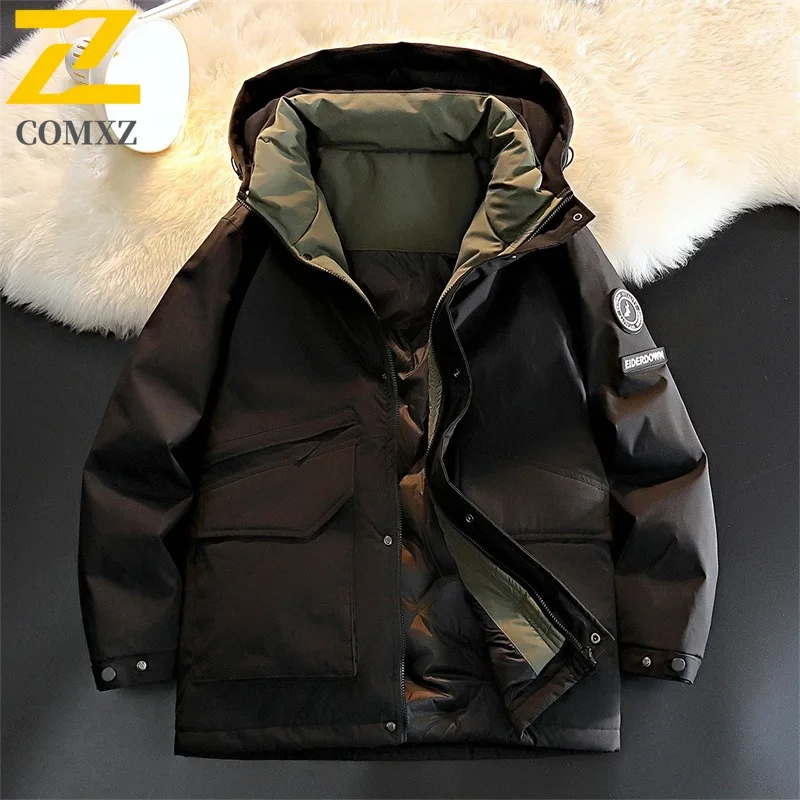 COMXZ Hochwertige Herren-Daunenjacke, Premium-Kapuze, Outdoor-Reiten, winddicht, Puffer-Coa, trendige Streetwear, warmer Komfort-Wintermantel