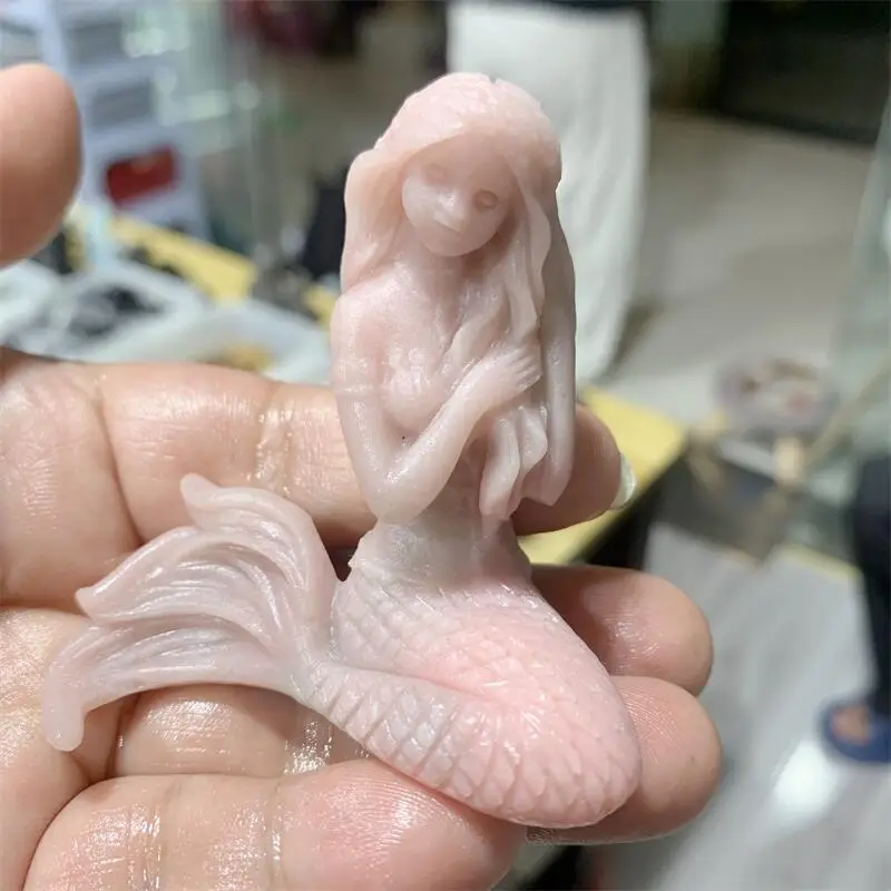 

Natural Pink Opal Mermaid Carving Shape Crystal Reiki Healing Fengshui Stones Home Decoration Gift 1PCS
