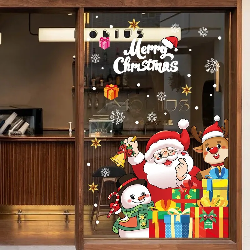 Christmas Snowman No Static Sticker Christmas Store Shop Glass Sliding Door Decoration Window Cling Merry Christmas