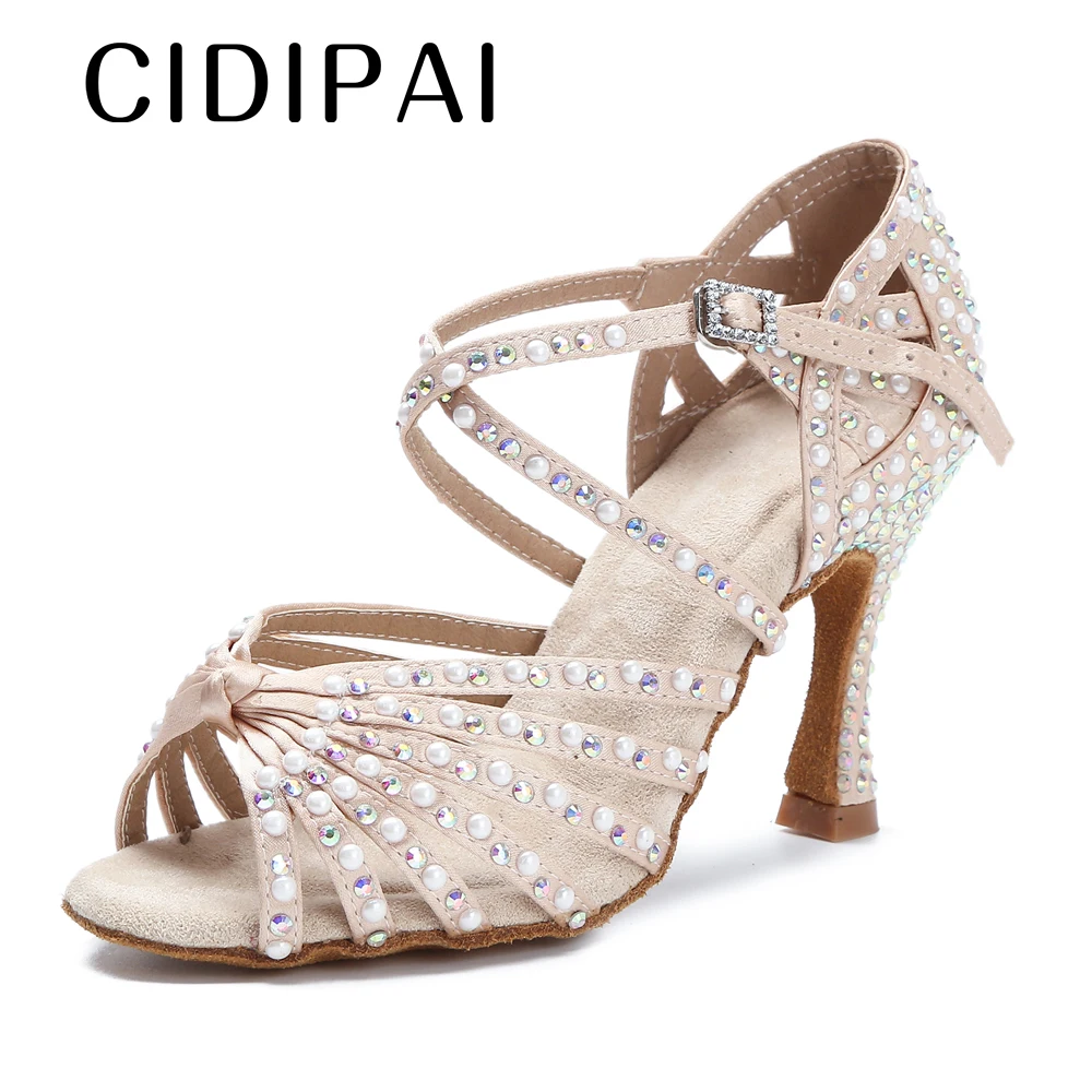 CIDIPAI Dance Shoes With Rhinestones Pearl Salsa Tango Latin Dance Shoes For Girls Soft Sole Women Wedding Shoes Ladies Sandals