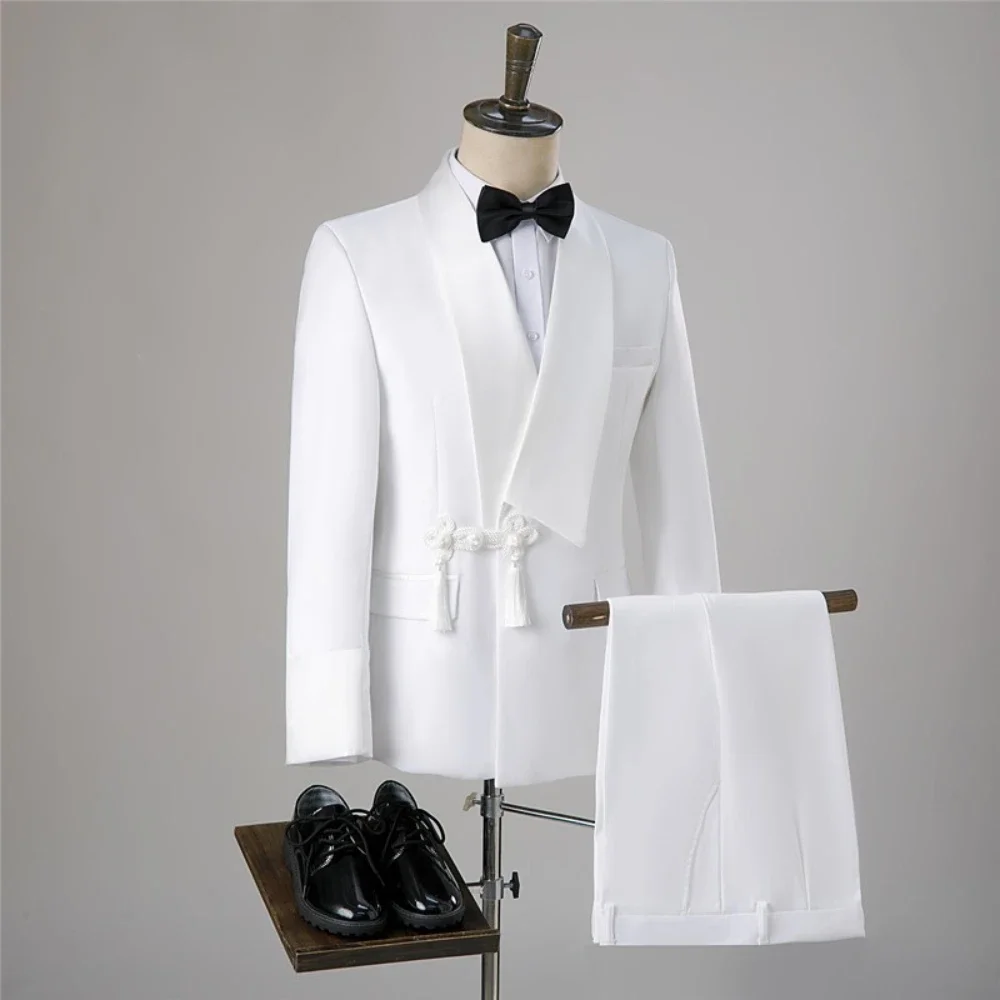 Elegent Custom double breasted Black Suit For Men Wedding Formal white Groom Party Fashion Tuxedos 2 Piece Set Blazer mens suits