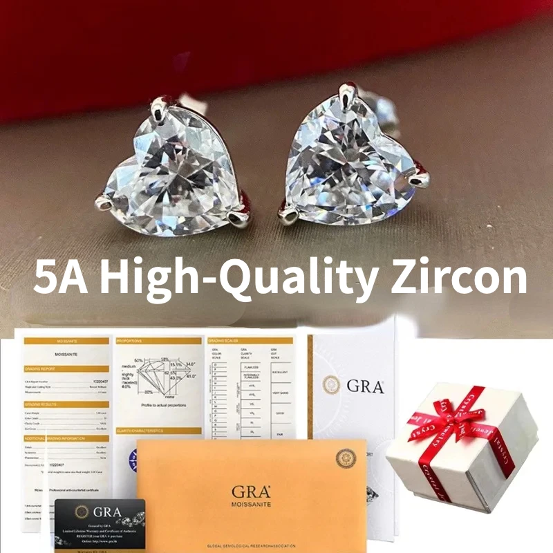 5A Zrcon High Quality Earrings for Women 925 Sterling Silver Fashion Platinum Finish Certificates Heart Type of Love Korean