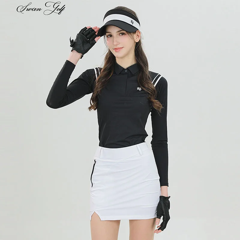 SG Women's Long Sleeve Sunscreen T-Shirt Ice Silk Cooling Polo Tops Ladies Slim Pleated Short Skirt with Inner Short XS-XL