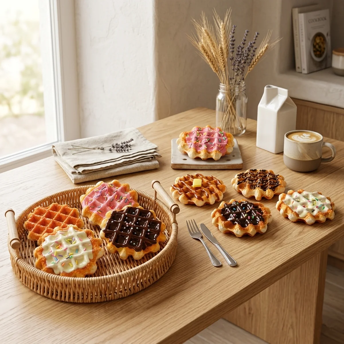 Set de Waffles Falsos Realistas - 2 Piezas de Waffles Simulados con Toppings para Exhibición en Cafeterías, Decoración de Fiestas y Accesorios de Fotografía