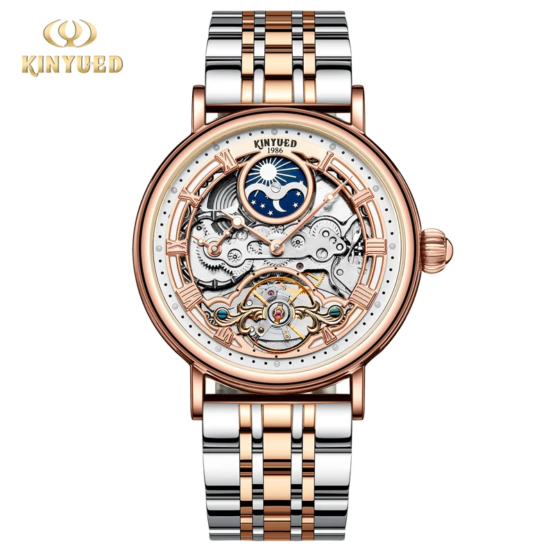 

KINYUED Brand Fashion Dual Time Zone Display Mechanical Watch Men Stainless Steel Skeleton Wristwatch Automatic Tourbillon Watch