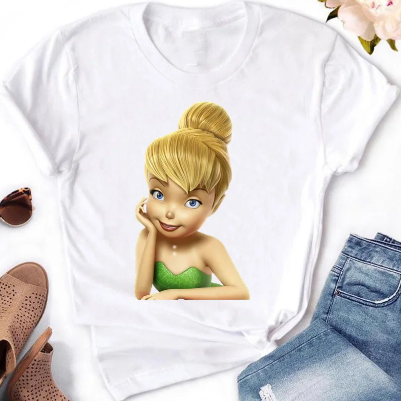 Disney Tinkerbell T-shirt Printed T Shirt Women Short Sleeve Leopard Tshirt Woman Tee Kawaii Clothing Black White Short Sleeve