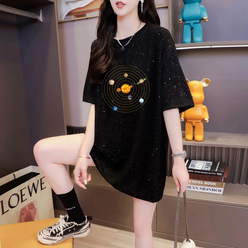 Spring/Summer Korean Loose Starry Sky Shoulder Short Sleeve Fashion Versatile Slim Cartoon Lazy Casual Women's Top