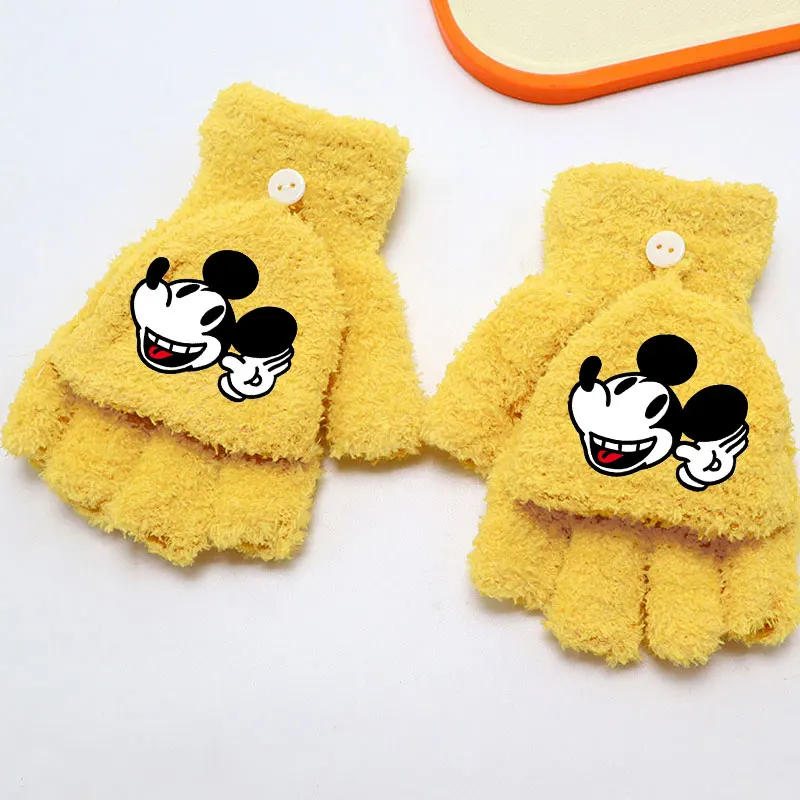Sarung Tangan Mickey Mouse Model Lipat Kecil, Lucu, Anti Bocor, Rajutan, Sarung Tangan Setengah Jari untuk Musim Dingin, Bersepeda, Pelajar, Lembut, Motif Kartun, Hadiah