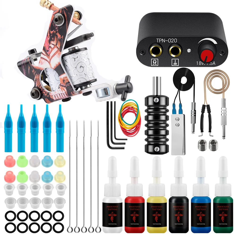 Beginner Tattoo Machine Gun Kit Coil Tattoo Machine with Power Supply Full Kit 6 Colors Permanent Tattoo Ink Tattoo Body Art Set