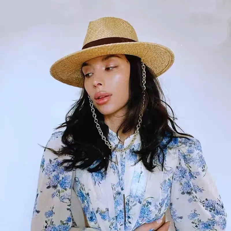 Women's New Straw Sun Hat with Metal Chain Cap