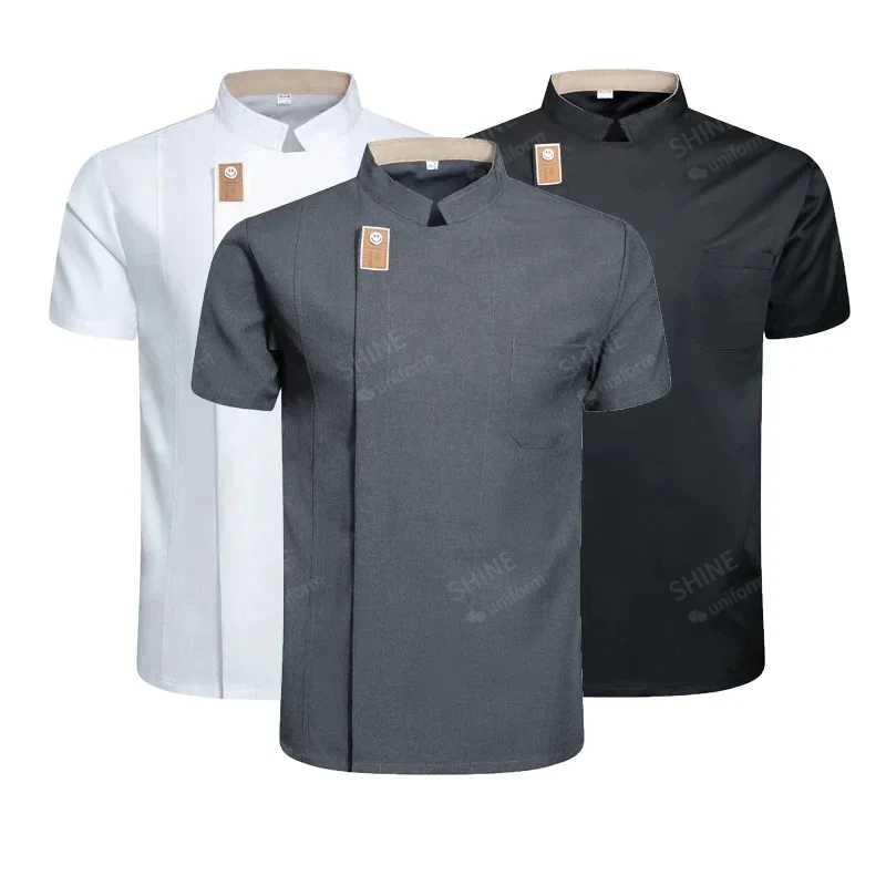 Chaqueta de manga corta para Chef de cocina para hombre, uniforme negro, abrigo de Chef para restaurante, delantal, ropa de trabajo, servicio de comida transpirable de verano