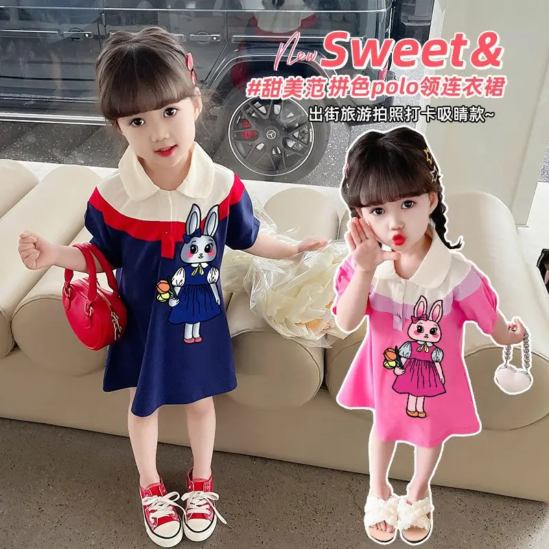 

Girl 2023 Summer Rabbit Color Matching Polo Collar Sweet Short Sleeve Dress Baby Girl