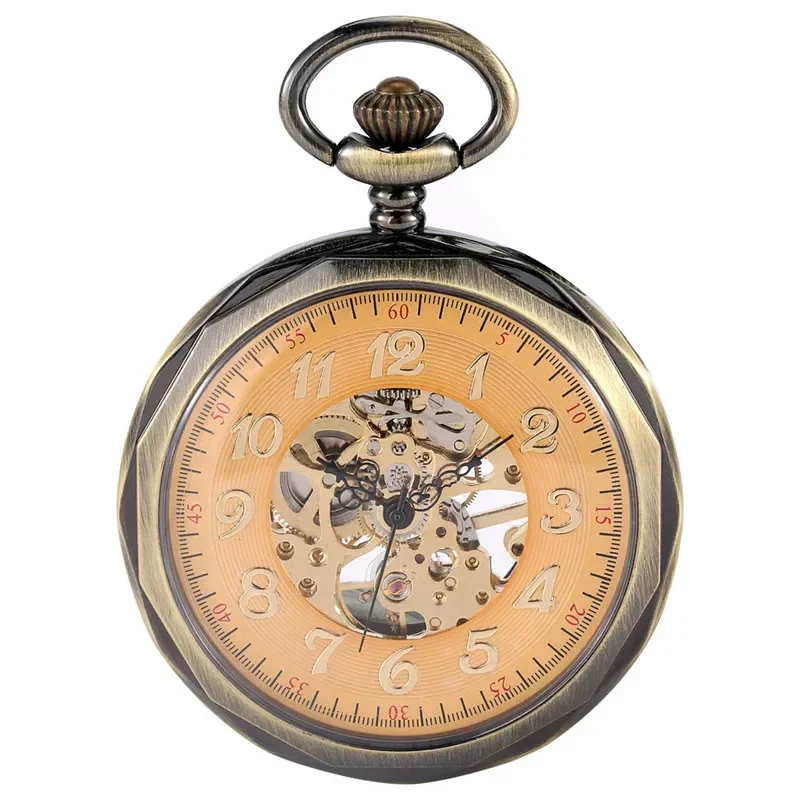 Steampunk Mechanical Pocket Watch Handwinding Skeleton Clock for Men Women Pendant Chain Open Face Arabic Number Watches