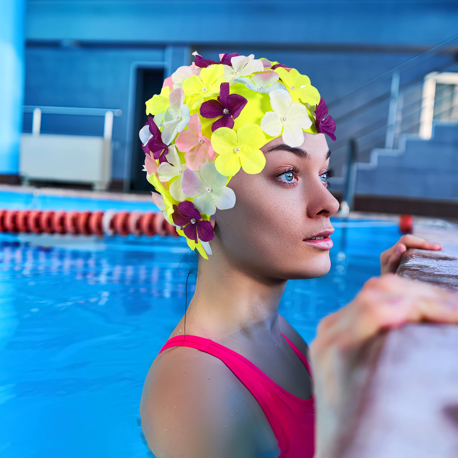 

Floral Petal Swim Cap For Women Reusable Anti-Skid Comfortable Fit Bathing Hat Size L Colorful Flower Swimming Cap