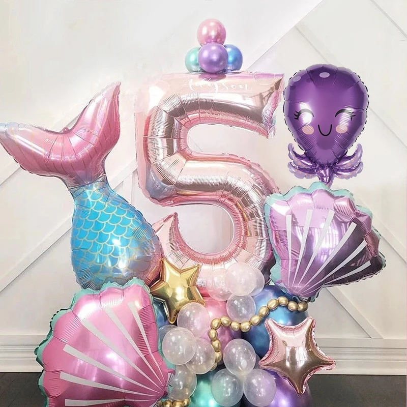 인어 꼬리 쉘 풍선, 호일 번호 풍선, 1, 2, 3, 1, 2, 3, 소녀 생일 파티 장식, 바다 아래 베이비 샤워 호의