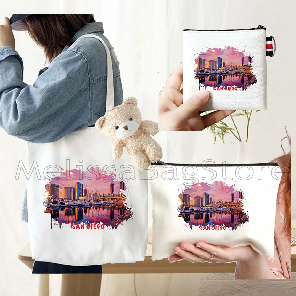 

4PCS Gifts San Diego California White Canvas Tote Bag Handbag with Doll Key Coin Purse Cosmetic Makeup Toilet Bag Case Pouch