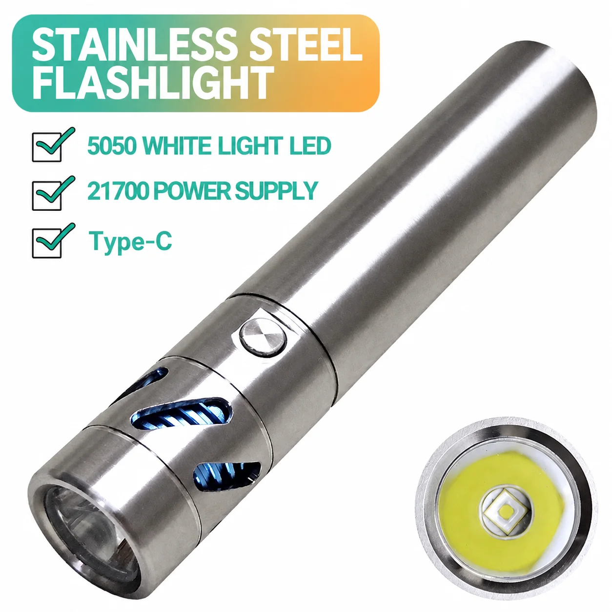 Stainless Steel LED Flashlight Rechargeable White Laser Fixed Focus Long Range Super Bright High Power Torch for Outdoor Camping