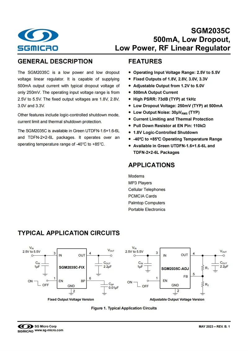 50Pcs/Lot SGM2035C-3.0YTDI6G/TR TDFN-6  Fixed output voltage: 3V,500mA, Low Dropout, Low Power, RF Linear Regulator