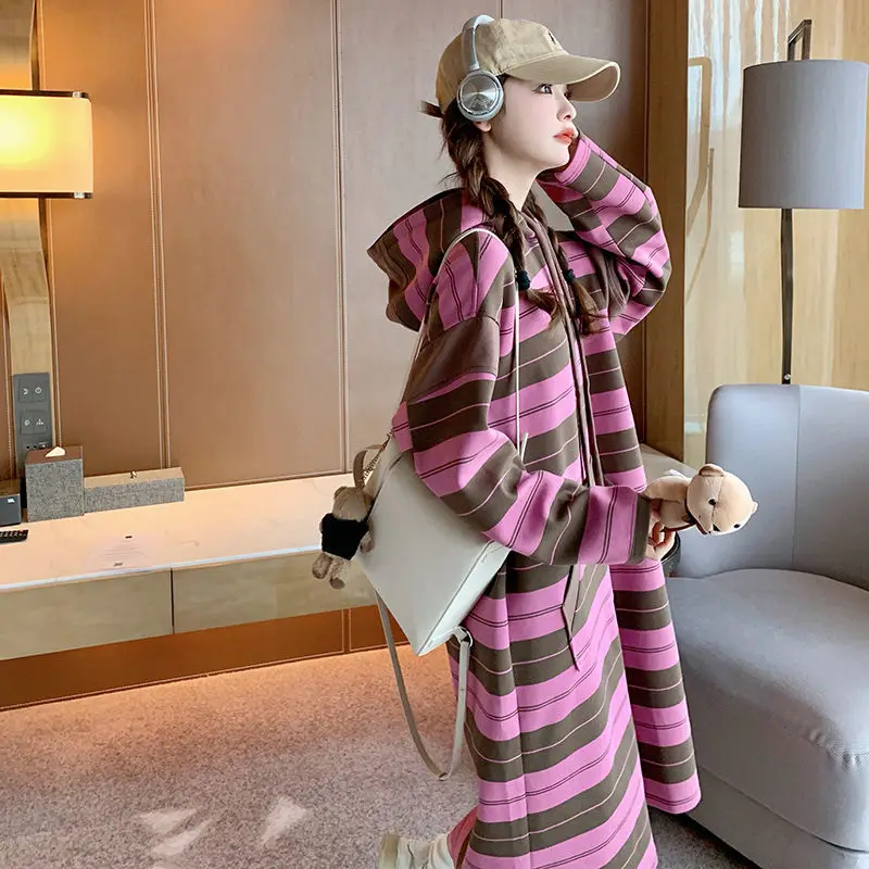 Belle robe mi-longue rayée Patchwork sweats robe Femme automne hiver surdimensionné décontracté robes amples femmes vêtements t-shirt Dres