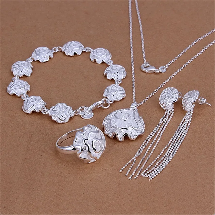 Special offer Pretty Rose flower 925 sterling Silver Pendant ring Bracelet necklace earring stud for women Fashion Jewelry set