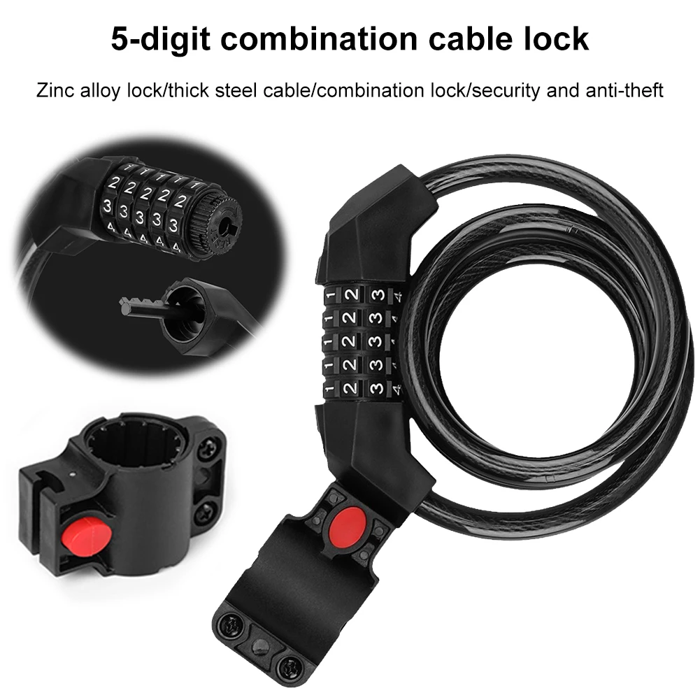 

Велосипедный замок с намоткой длиной 3,2 фута, 5-значный сбрасываемый кодовый тросовый замок ​ с монтажным кронштейном для велосипедов и скутеров